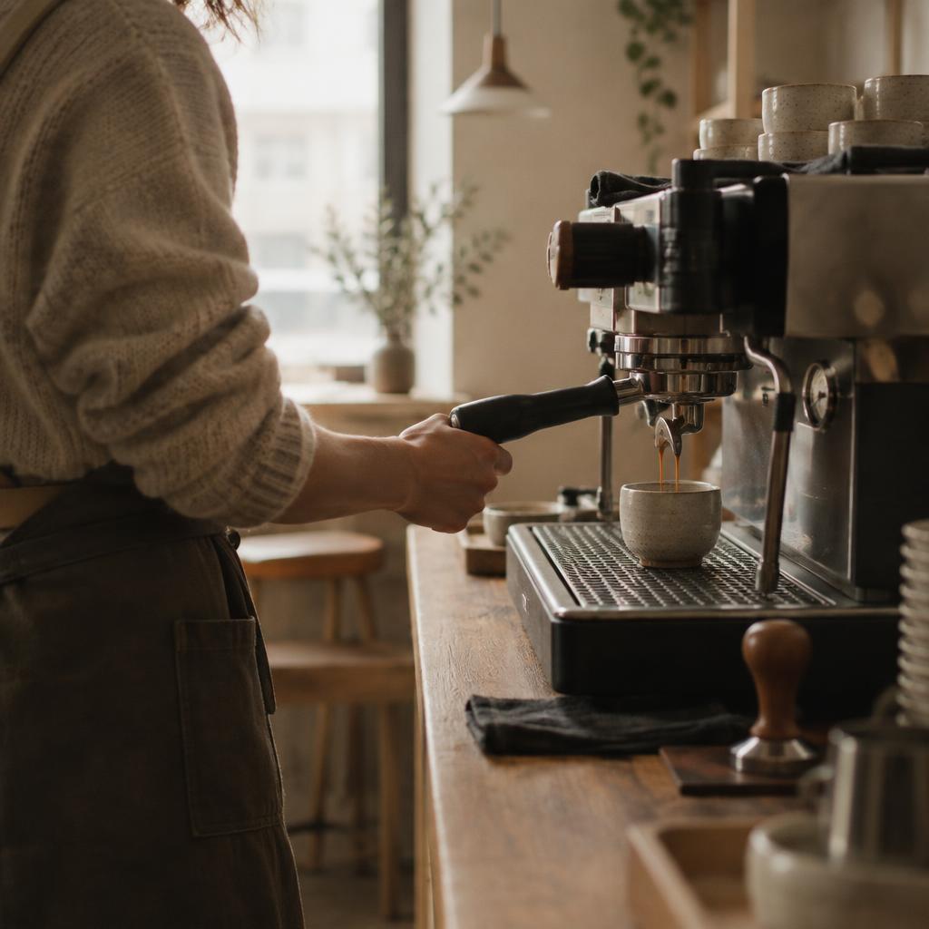 Barista som drar en espresso vid maskinen